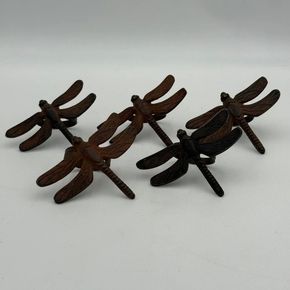 Vtg Cast Iron Dragonfly Napkin Rings Set of 5 Rustic Brown Garden Table Decor